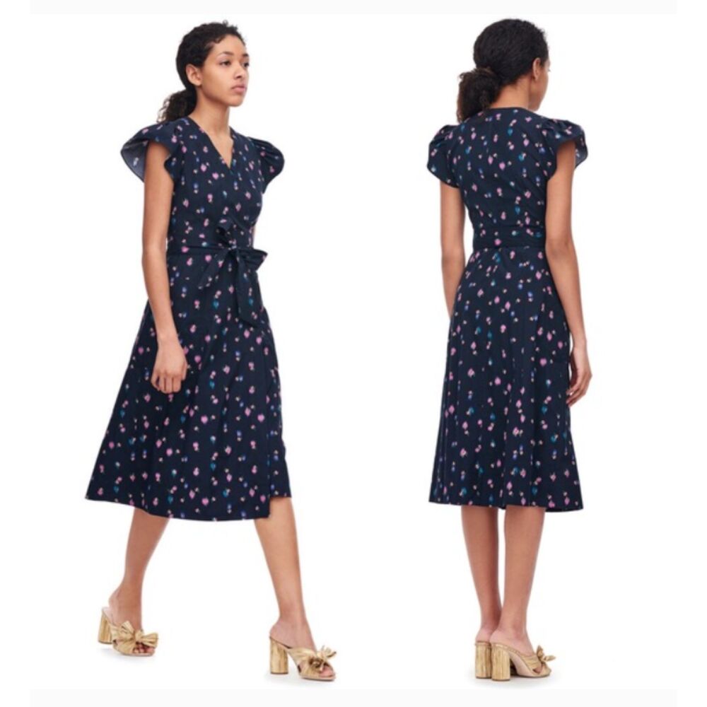Rebecca Taylor Farren Blue Flower Print Wrap Ruffle Cap Sleeves Midi Dress Sz 2